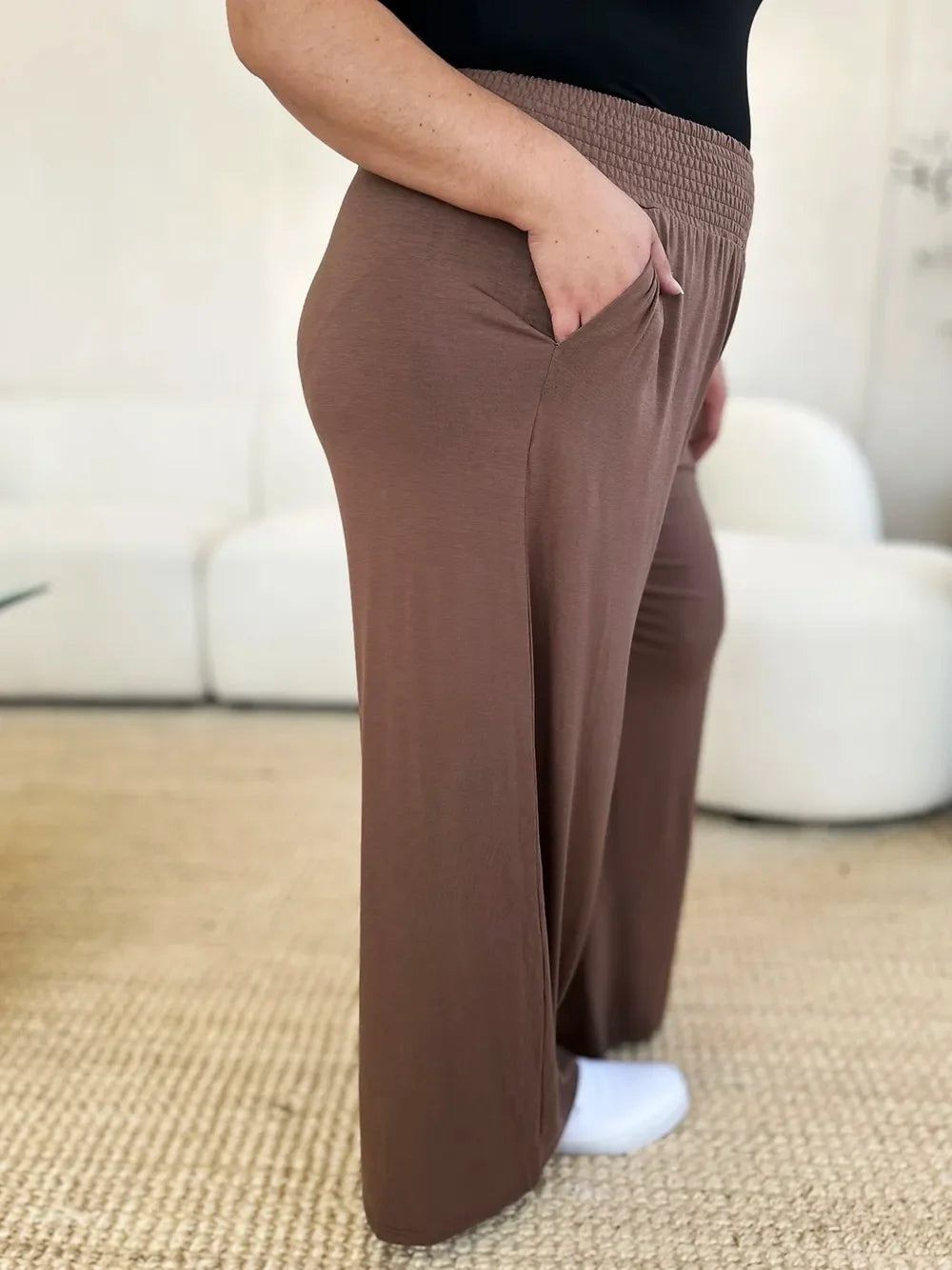 Shopbasicbae Basic Bae Full Size Smocked Wide Waistband Wide Leg Pants in Mocha view 11 - Basics Pants Price (bottom)