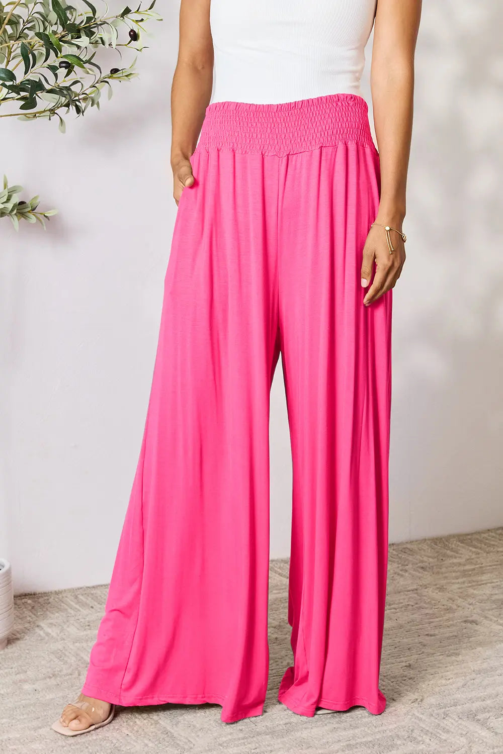 Shopbasicbae Basic Bae Full Size Smocked Wide Waistband Wide Leg Pants in Hot Pink view 14 - Basics Pants Price