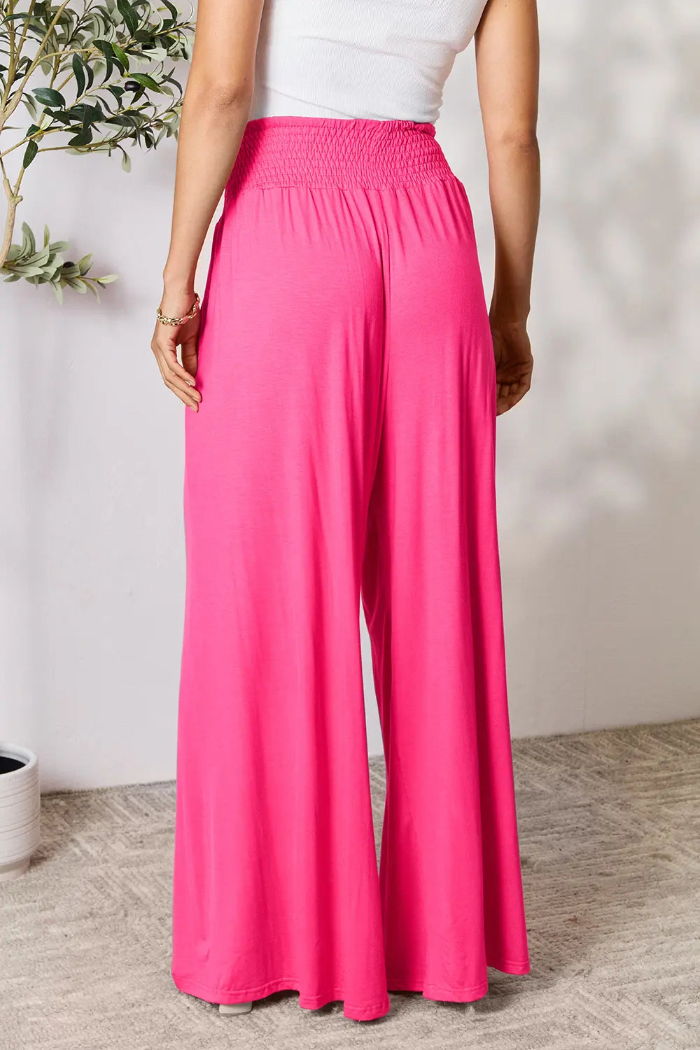 Shopbasicbae Basic Bae Full Size Smocked Wide Waistband Wide Leg Pants in Hot Pink view 15 - Basics Pants Price