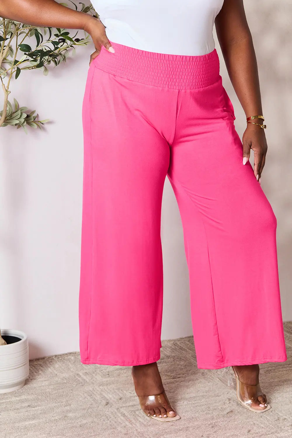 Shopbasicbae Basic Bae Full Size Smocked Wide Waistband Wide Leg Pants in Hot Pink view 16 - Basics Pants Price