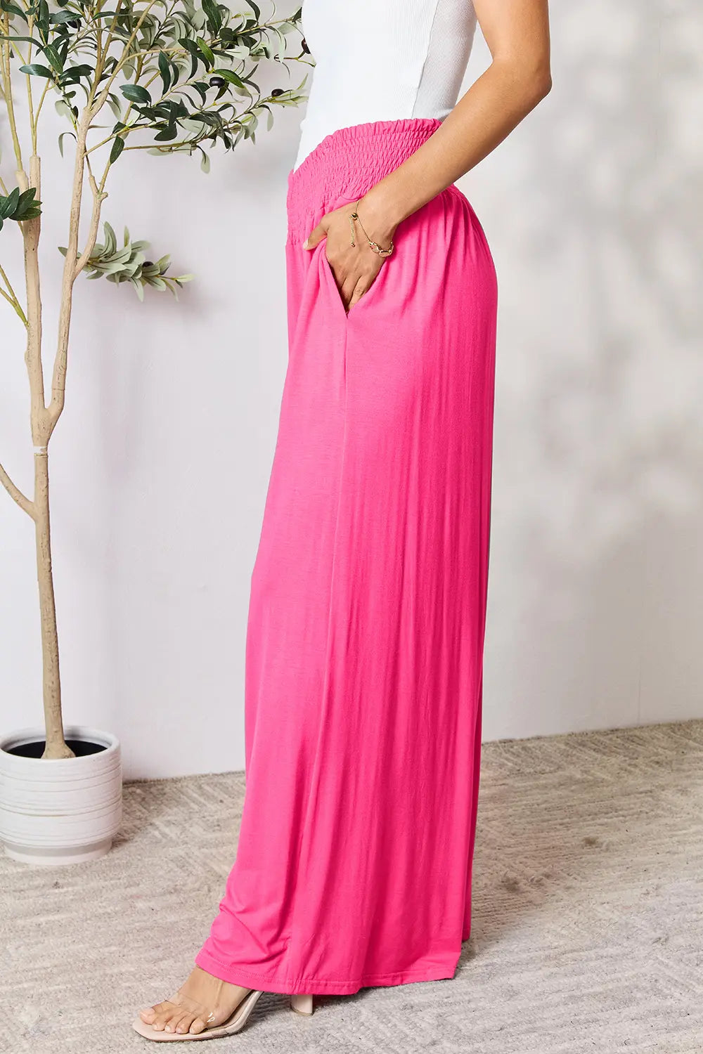 Shopbasicbae Basic Bae Full Size Smocked Wide Waistband Wide Leg Pants in Hot Pink view 17 - Basics Pants Price