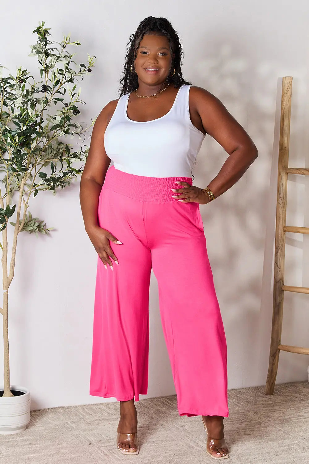 Shopbasicbae Basic Bae Full Size Smocked Wide Waistband Wide Leg Pants in Hot Pink view 18 - Basics Pants Price