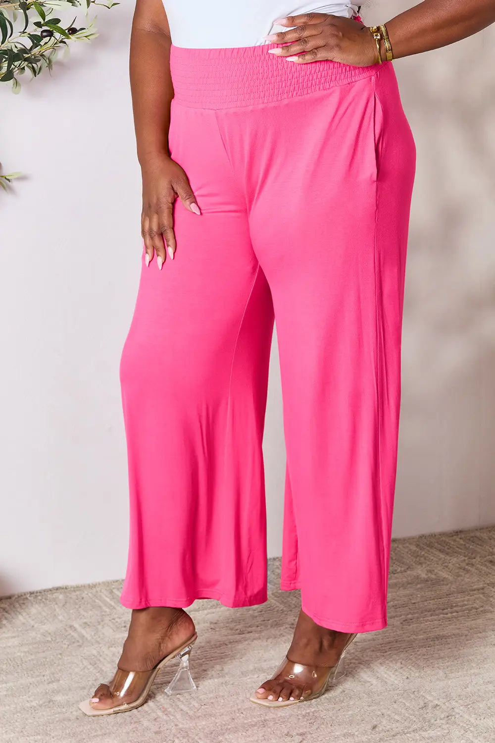 Shopbasicbae Basic Bae Full Size Smocked Wide Waistband Wide Leg Pants in Army Green view 19 - Basics Pants Price