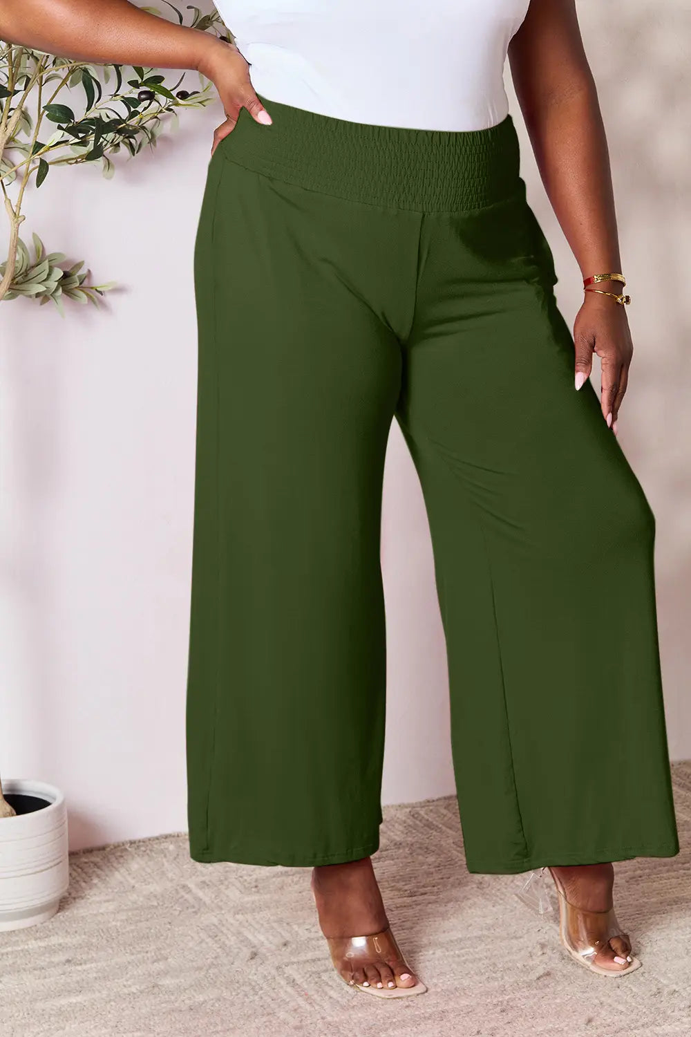 Shopbasicbae Basic Bae Full Size Smocked Wide Waistband Wide Leg Pants in Army Green view 21 - Basics Pants Price