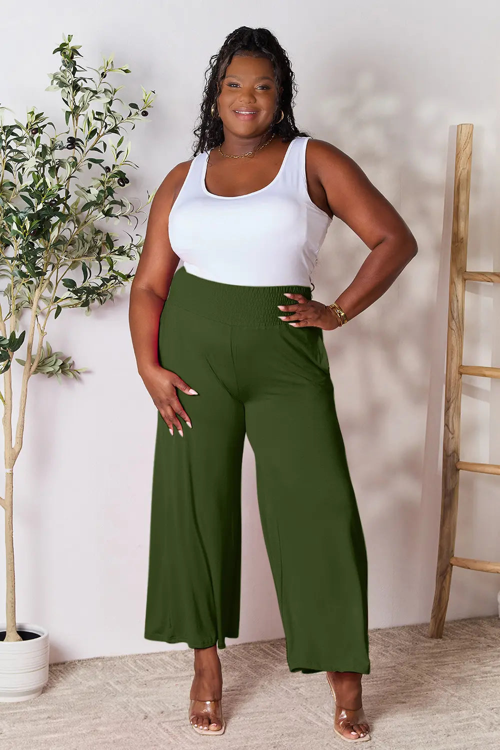 Shopbasicbae Basic Bae Full Size Smocked Wide Waistband Wide Leg Pants in Army Green view 23 - Basics Pants Price