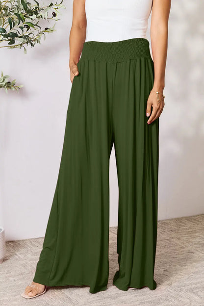 Shopbasicbae Basic Bae Full Size Smocked Wide Waistband Wide Leg Pants in Army Green view 24 - Basics Pants Price