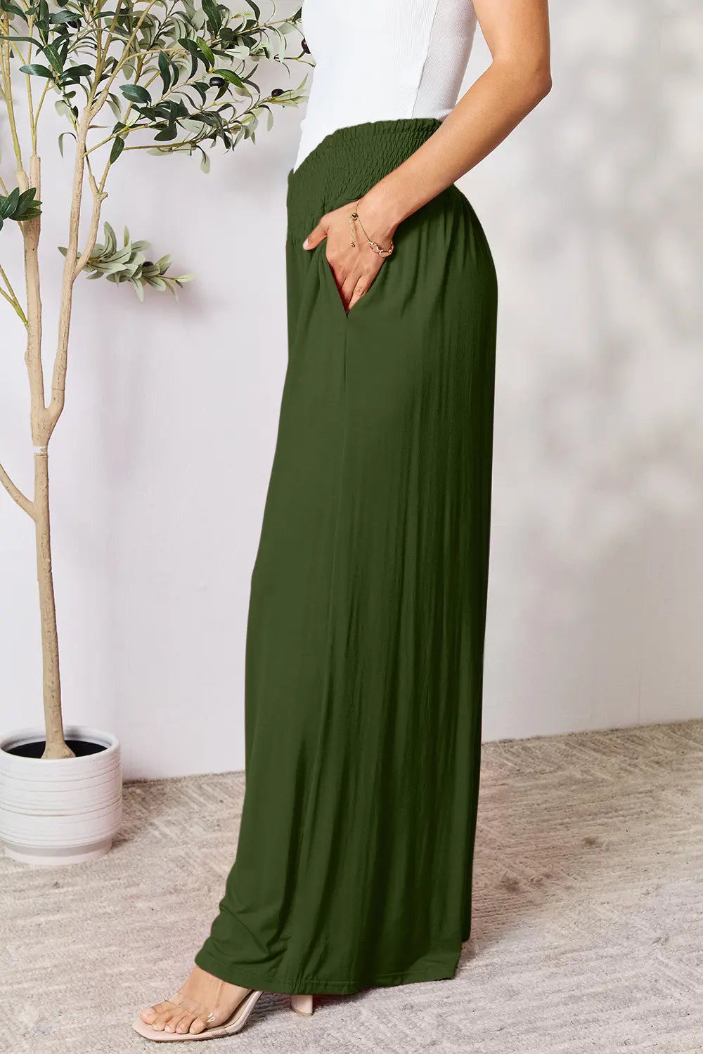 Shopbasicbae Basic Bae Full Size Smocked Wide Waistband Wide Leg Pants in Black view 25 - Basics Pants Price (bottom)
