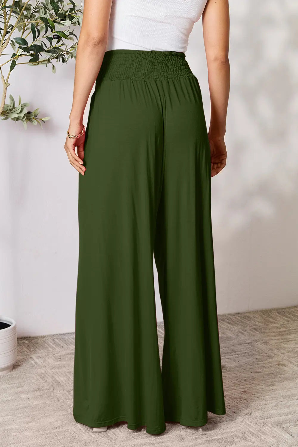 Shopbasicbae Basic Bae Full Size Smocked Wide Waistband Wide Leg Pants in Black view 26 - Basics Pants Price (bottom)