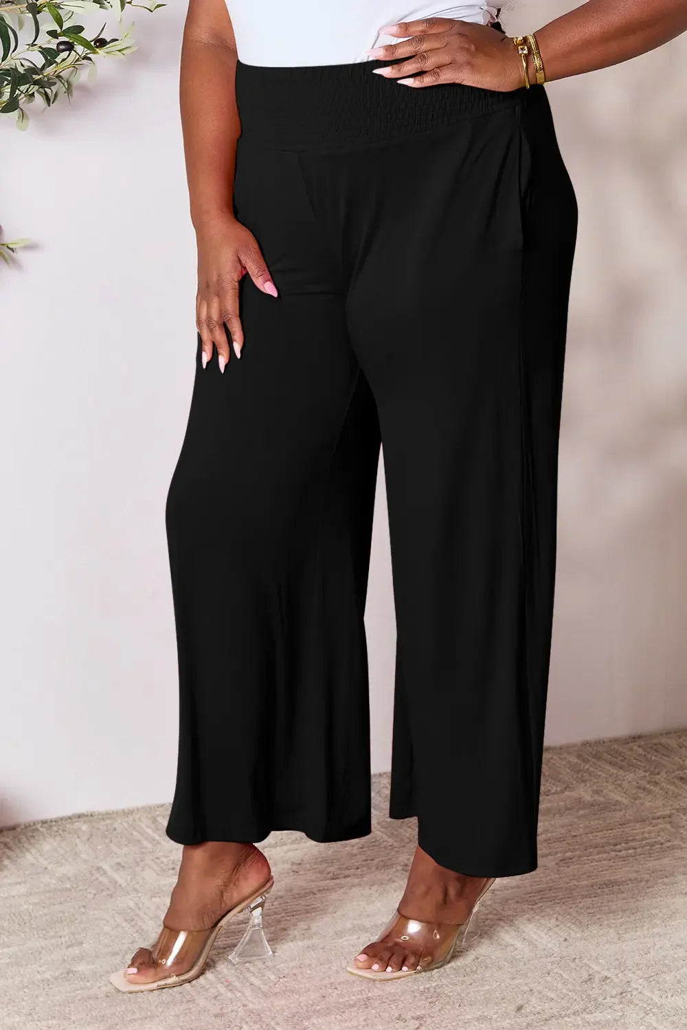 Shopbasicbae Basic Bae Full Size Smocked Wide Waistband Wide Leg Pants in Black view 28 - Basics Pants Price (bottom)