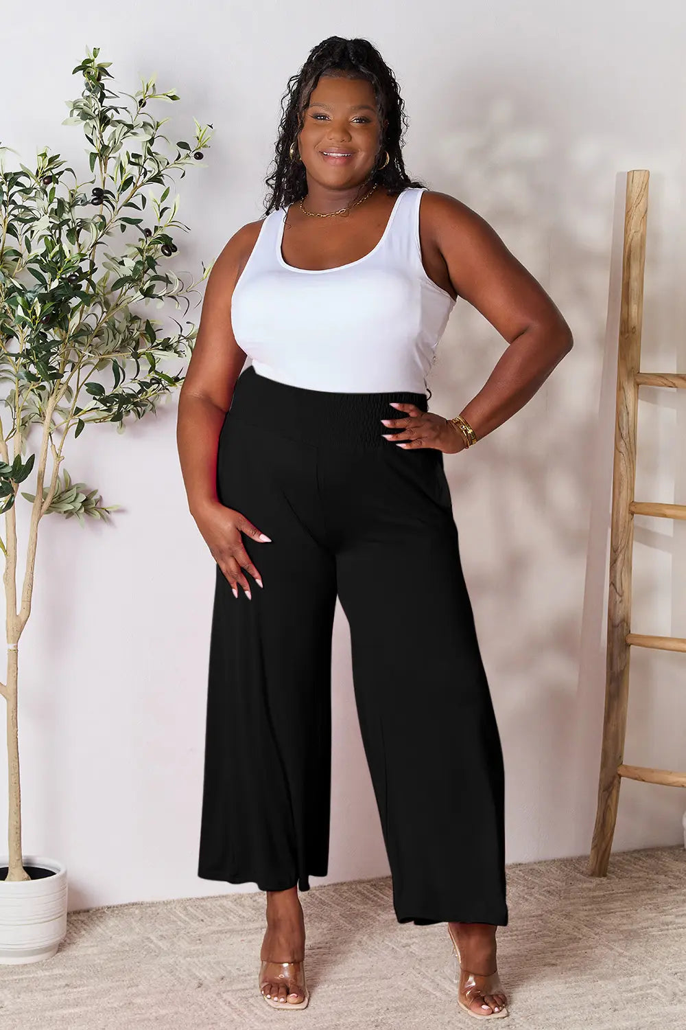 Shopbasicbae Basic Bae Full Size Smocked Wide Waistband Wide Leg Pants in Black view 29 - Basics Pants Price (bottom)