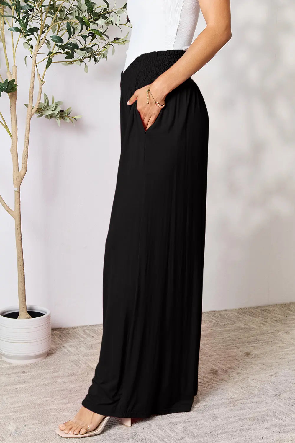 Shopbasicbae Basic Bae Full Size Smocked Wide Waistband Wide Leg Pants view 31 - Basics Pants Price (bottom)