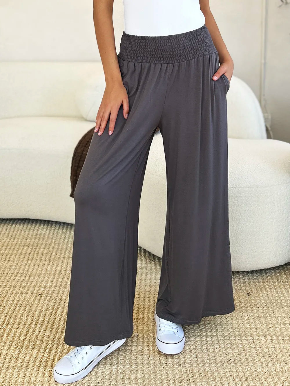 Shopbasicbae Basic Bae Full Size Smocked Wide Waistband Wide Leg Pants in Dark Gray view 4 - Basics Pants Price