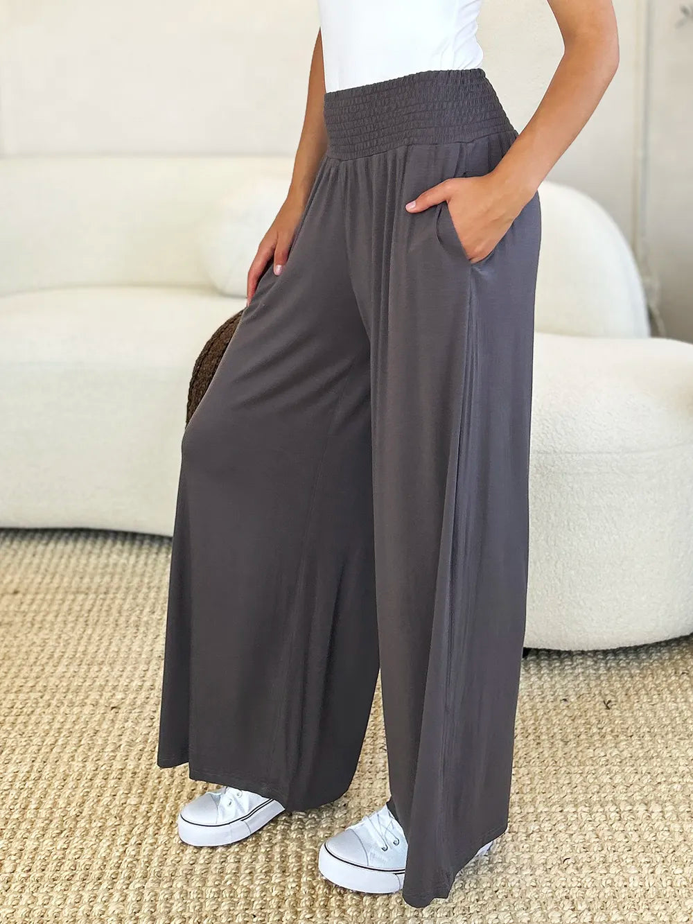 Shopbasicbae Basic Bae Full Size Smocked Wide Waistband Wide Leg Pants in Dark Gray view 5 - Basics Pants Price