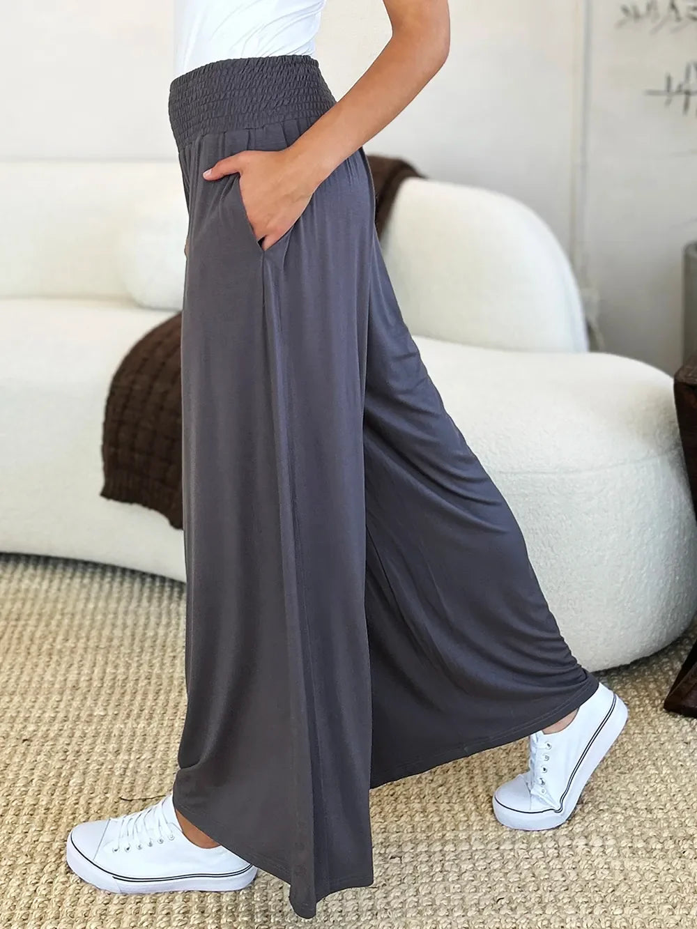 Shopbasicbae Basic Bae Full Size Smocked Wide Waistband Wide Leg Pants in Dark Gray view 6 - Basics Pants Price