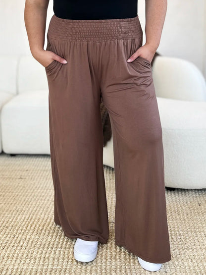 Shopbasicbae Basic Bae Full Size Smocked Wide Waistband Wide Leg Pants in Mocha view 9 - Basics Pants Price (bottom)