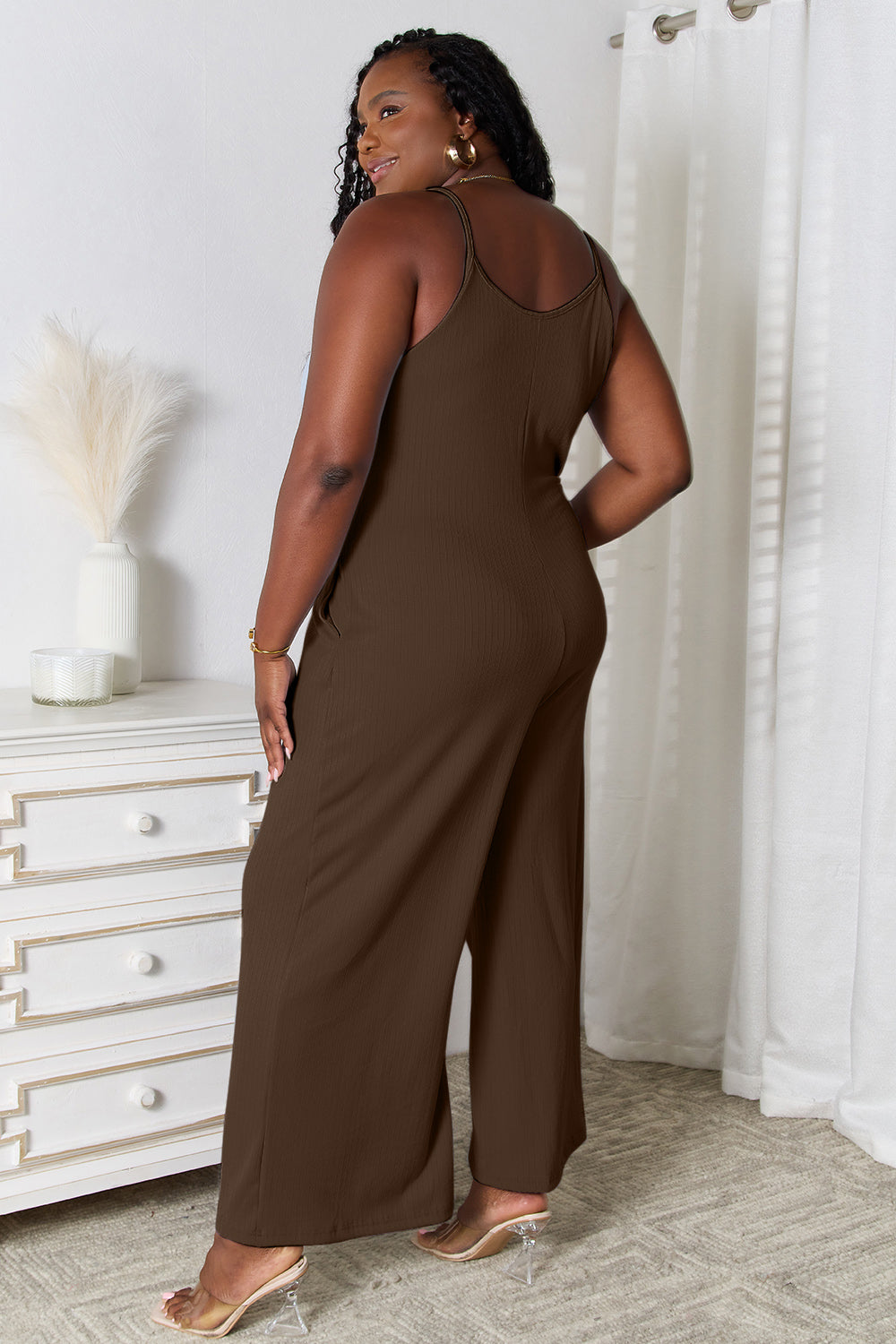 Shopbasicbae Basic Bae Full Size Spaghetti Strap V-neck Jumpsuit in Chocolate view 11 - Basic Jumpsuit Outfit (one-piece)