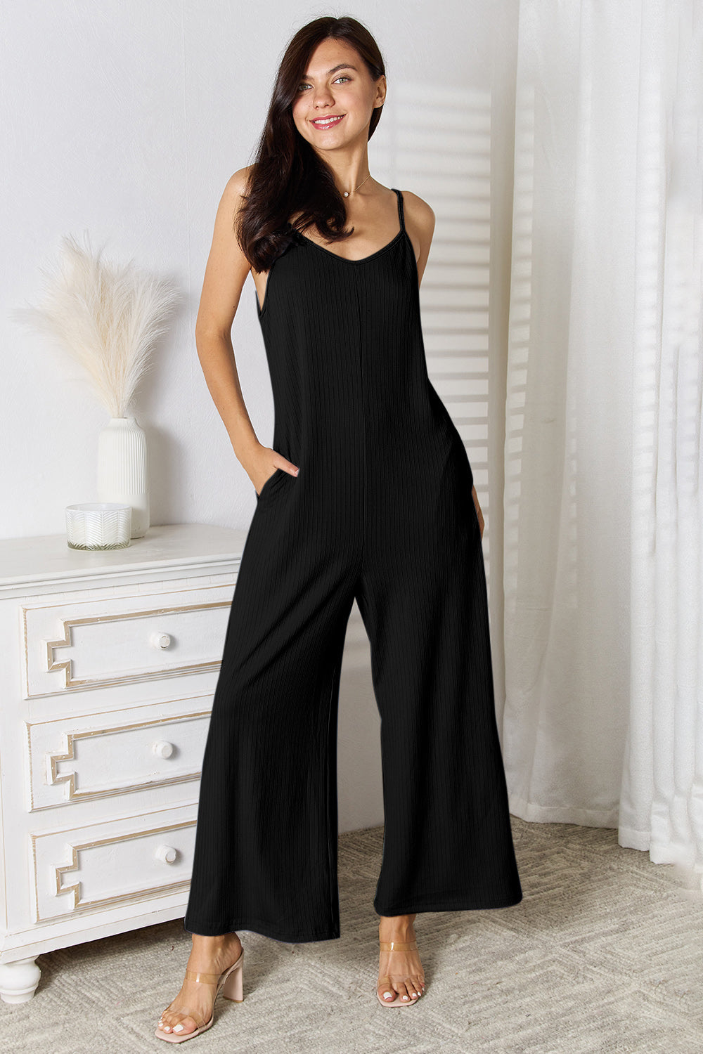 Shopbasicbae Basic Bae Full Size Spaghetti Strap V-neck Jumpsuit in Chocolate view 12 - Basic Jumpsuit Outfit (one-piece)