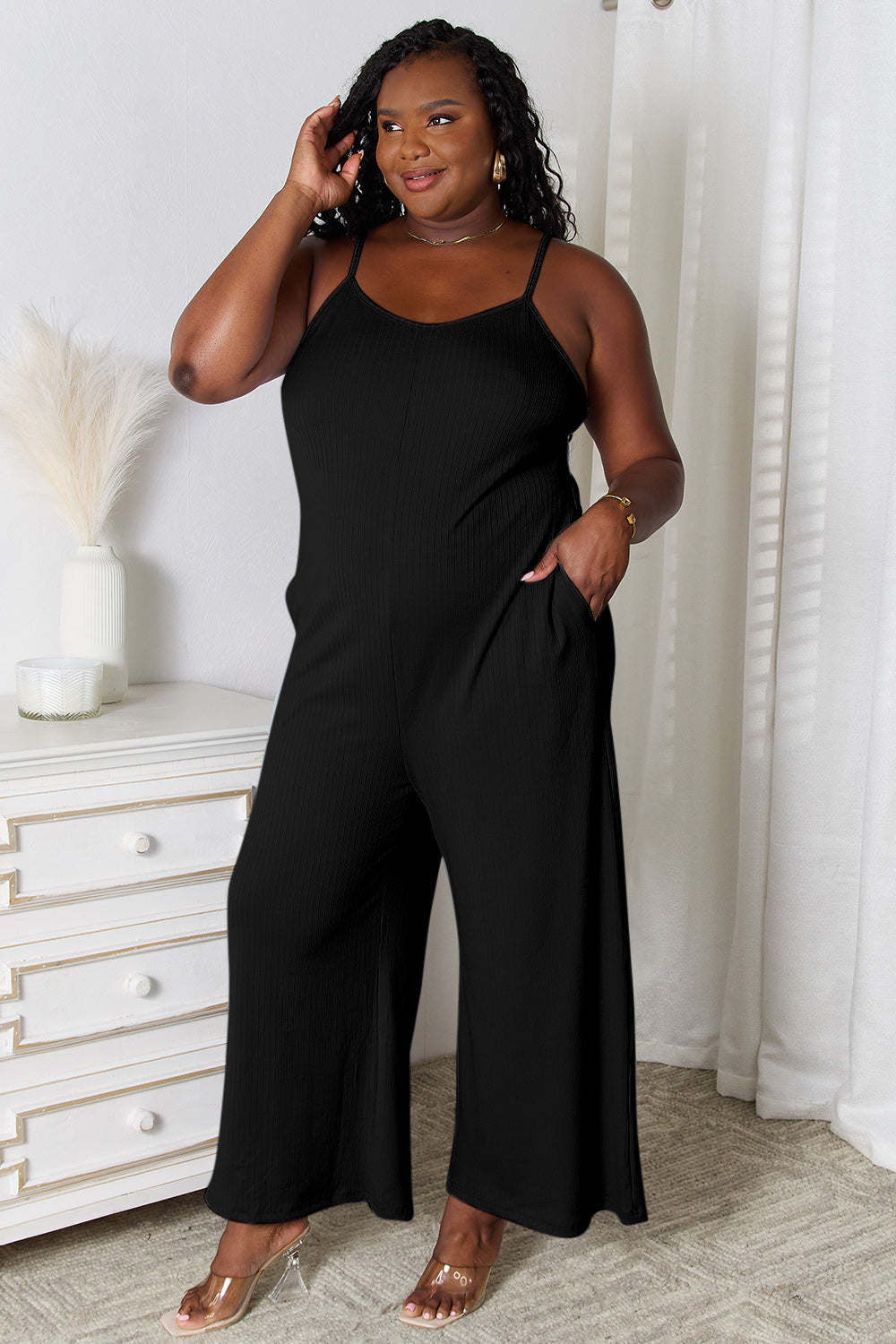 Shopbasicbae Basic Bae Full Size Spaghetti Strap V-neck Jumpsuit in Black view 15 - Basic Jumpsuit Outfit (one-piece)