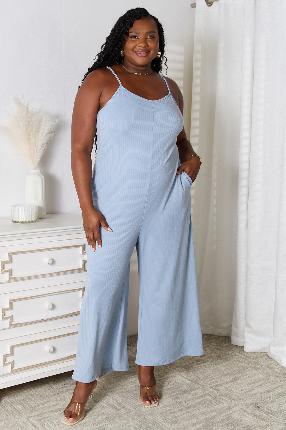 Shopbasicbae Basic Bae Full Size Spaghetti Strap V-neck Jumpsuit in Light Blue view 4 - Basic Jumpsuit Outfit (one-piece)