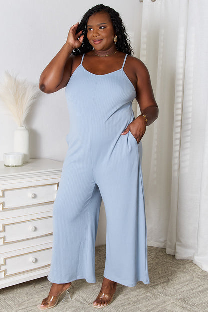 Shopbasicbae Basic Bae Full Size Spaghetti Strap V-neck Jumpsuit in Light Blue view 6 - Basic Jumpsuit Outfit (one-piece)