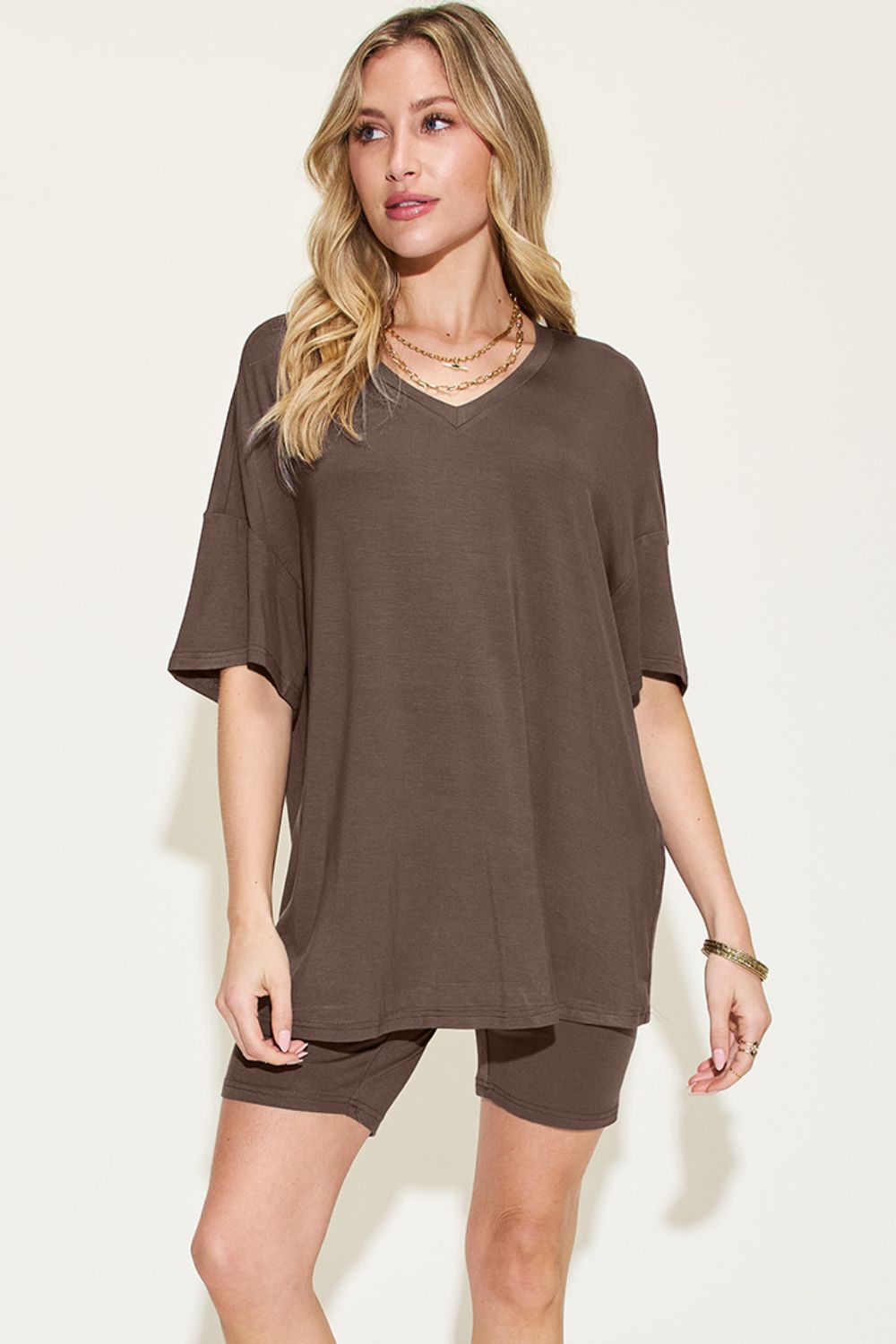 Shopbasicbae Basic Bae Full Size V-neck Drop Shoulder T-shirt and Shorts Set in Chocolate - Basic Bae Lounge Set