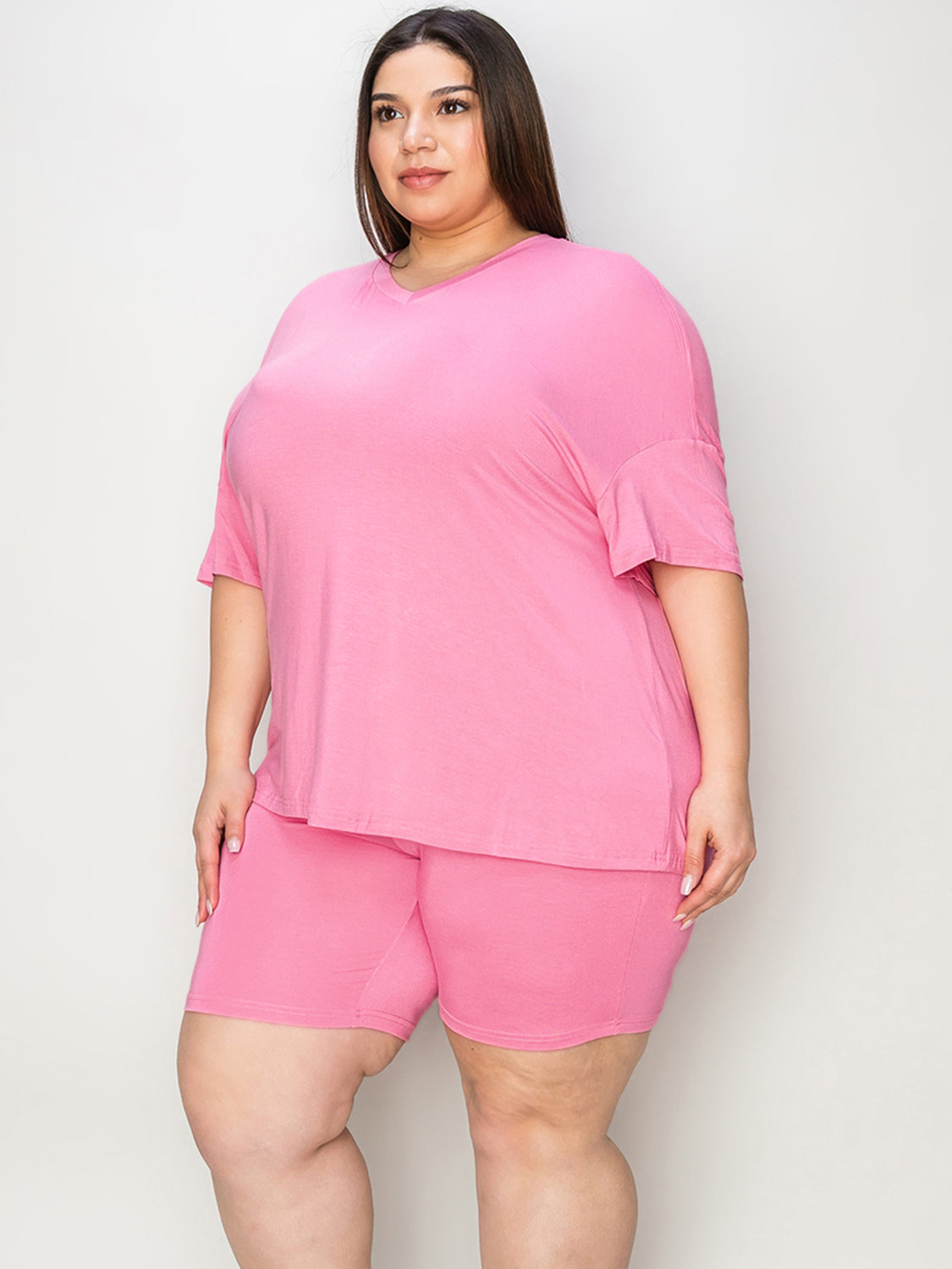 Shopbasicbae Basic Bae Full Size V-neck Drop Shoulder T-shirt and Shorts Set in Pink view 11 - Basic Bae Lounge Set