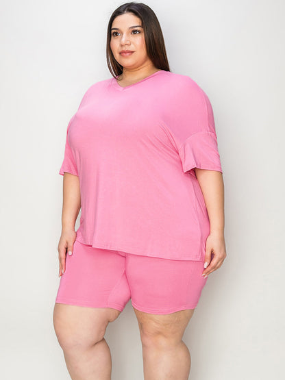 Shopbasicbae Basic Bae Full Size V-neck Drop Shoulder T-shirt and Shorts Set in Pink view 11 - Basic Bae Lounge Set