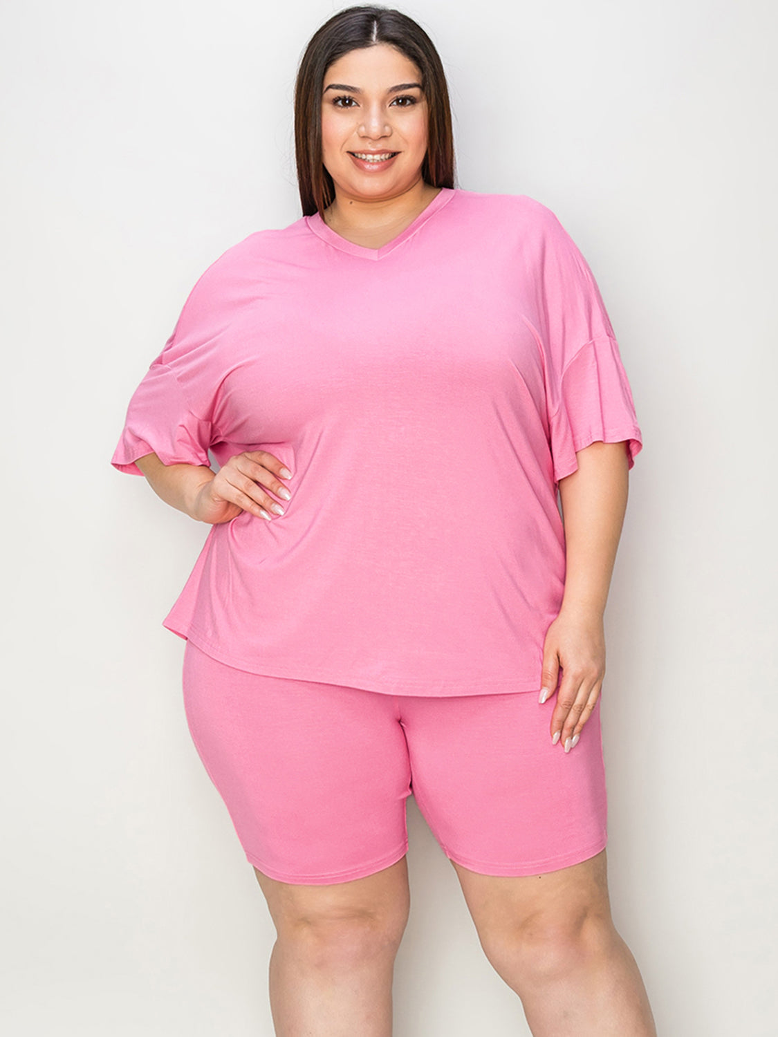 Shopbasicbae Basic Bae Full Size V-neck Drop Shoulder T-shirt and Shorts Set in Pink view 9 - Basic Bae Lounge Set