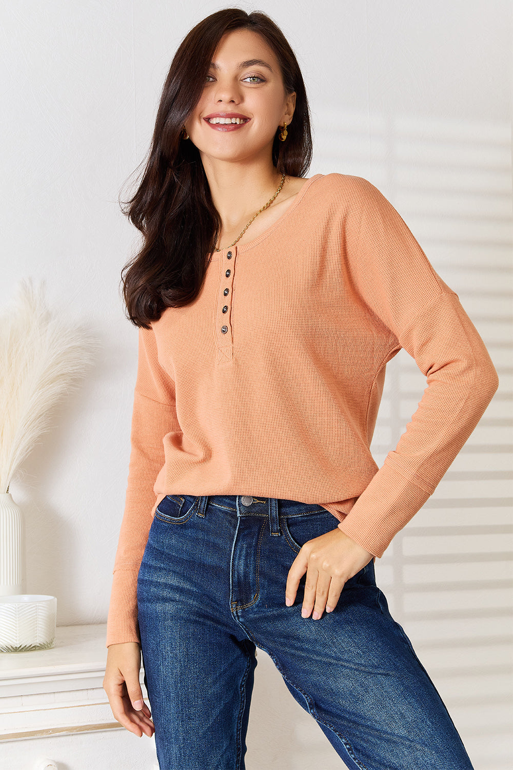 Shopbasicbae Basic Bae Half Button Long Sleeve Top in Caramel - Long Top