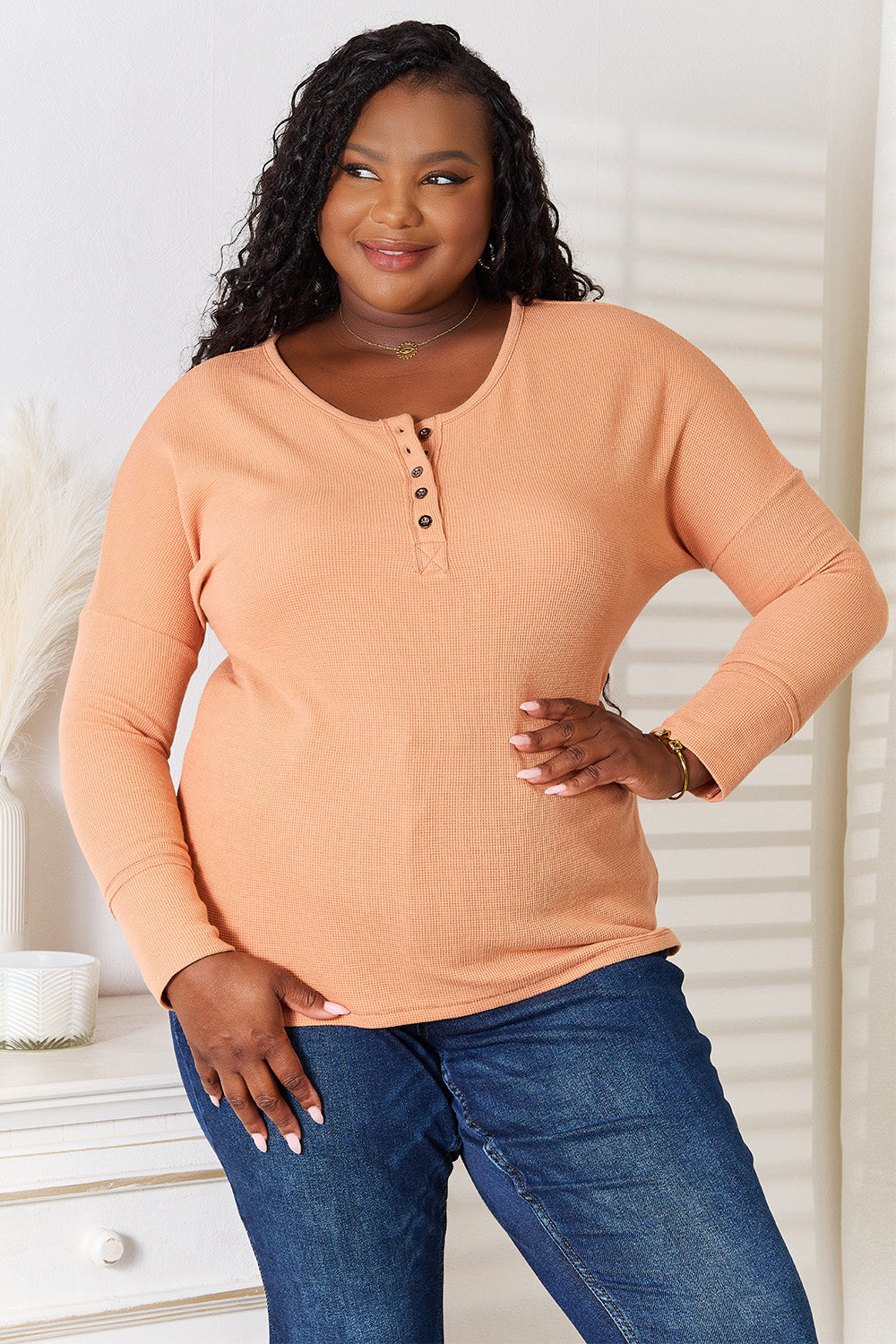 Shopbasicbae Basic Bae Half Button Long Sleeve Top in Caramel view 5 - Long Top