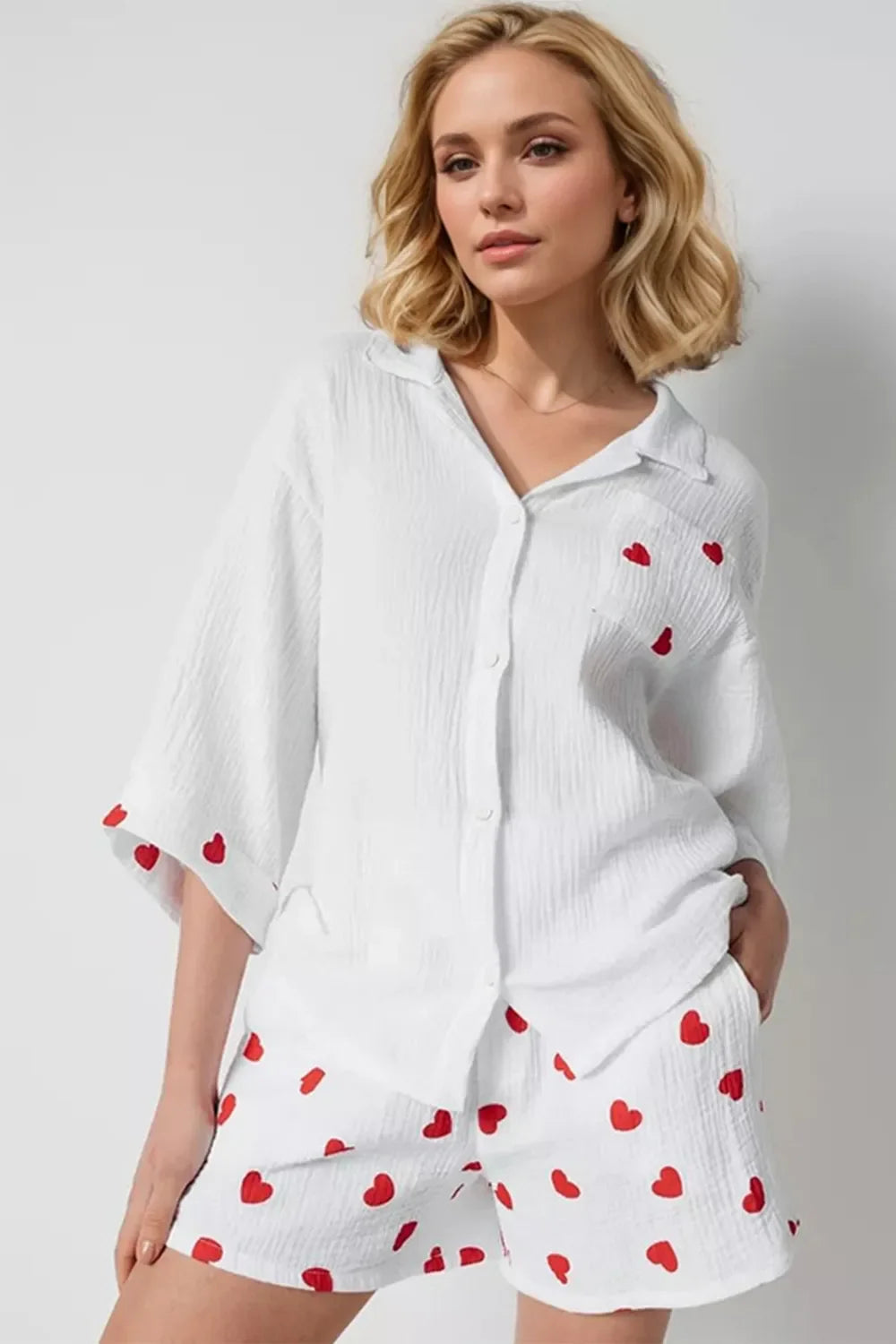 Shopbasicbae Basic Bae Heart Collared Neck Button Down Top and Shorts Set in White view 3 - Set Top