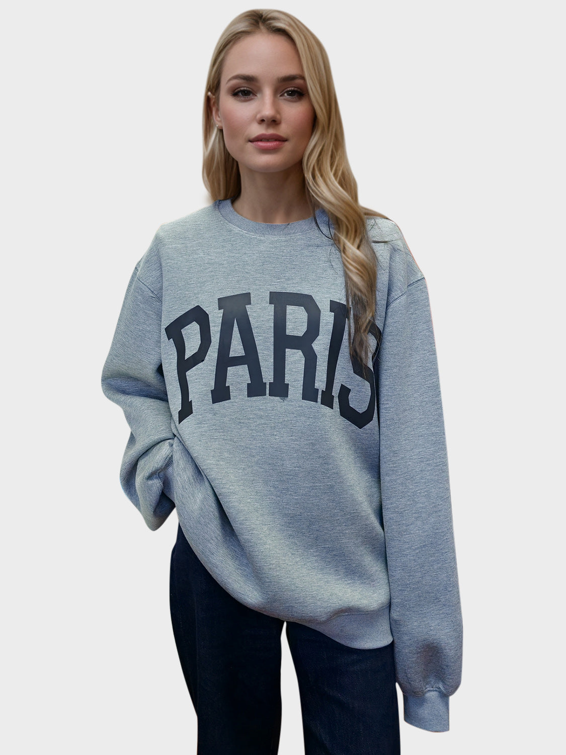 Shopbasicbae Basic Bae Paris Round Neck Long Sleeve Air Scuba Sweatshirt in Gray view 2 (top)