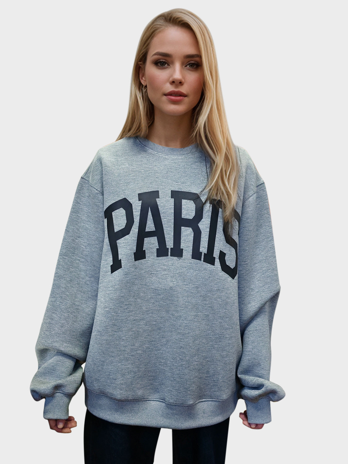 Shopbasicbae Basic Bae Paris Round Neck Long Sleeve Air Scuba Sweatshirt in Gray view 3 (top)