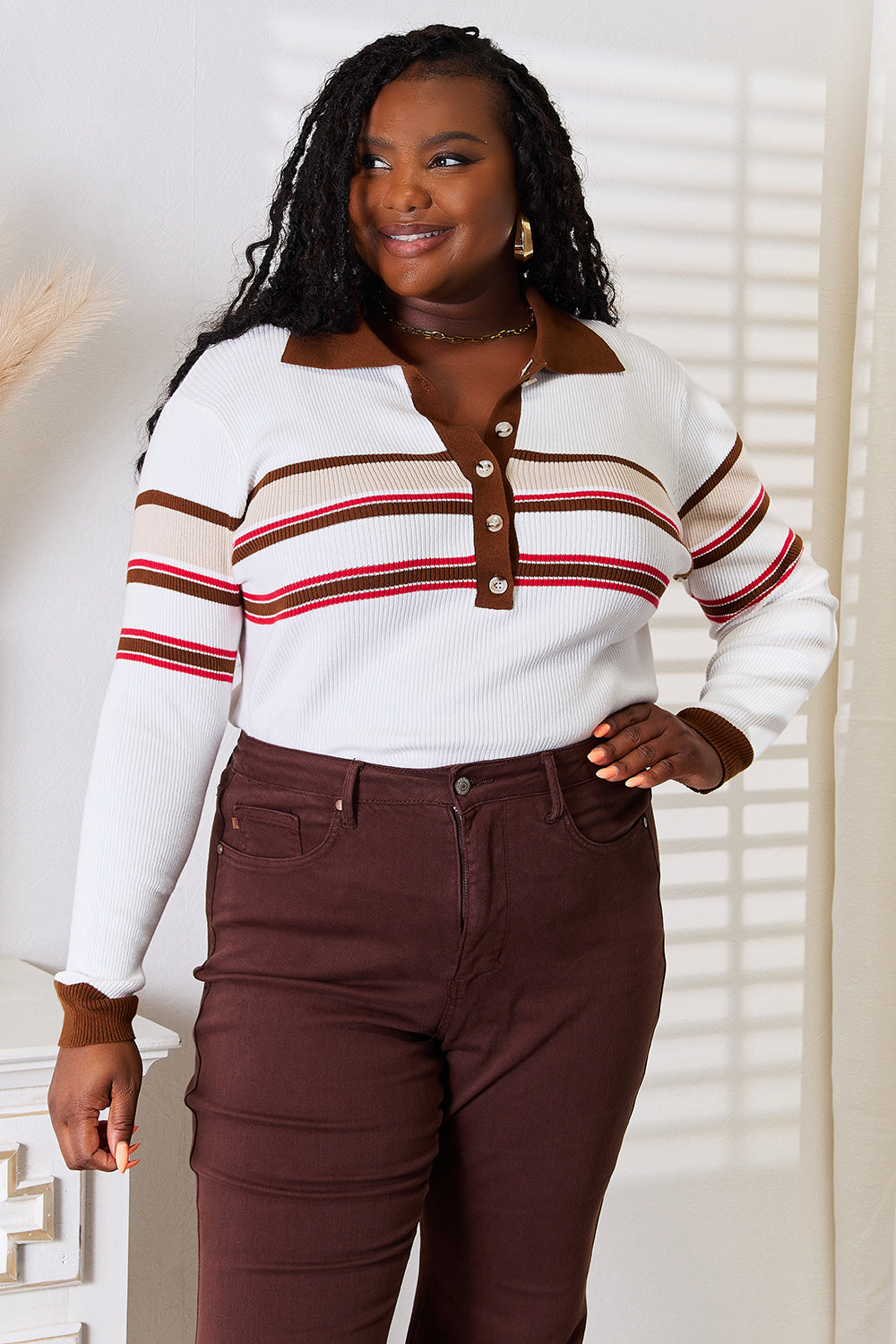 Shopbasicbae Basic Bae Striped Collared Neck Rib-knit Top in Beige view 5 - Fall Wardrobe Essential