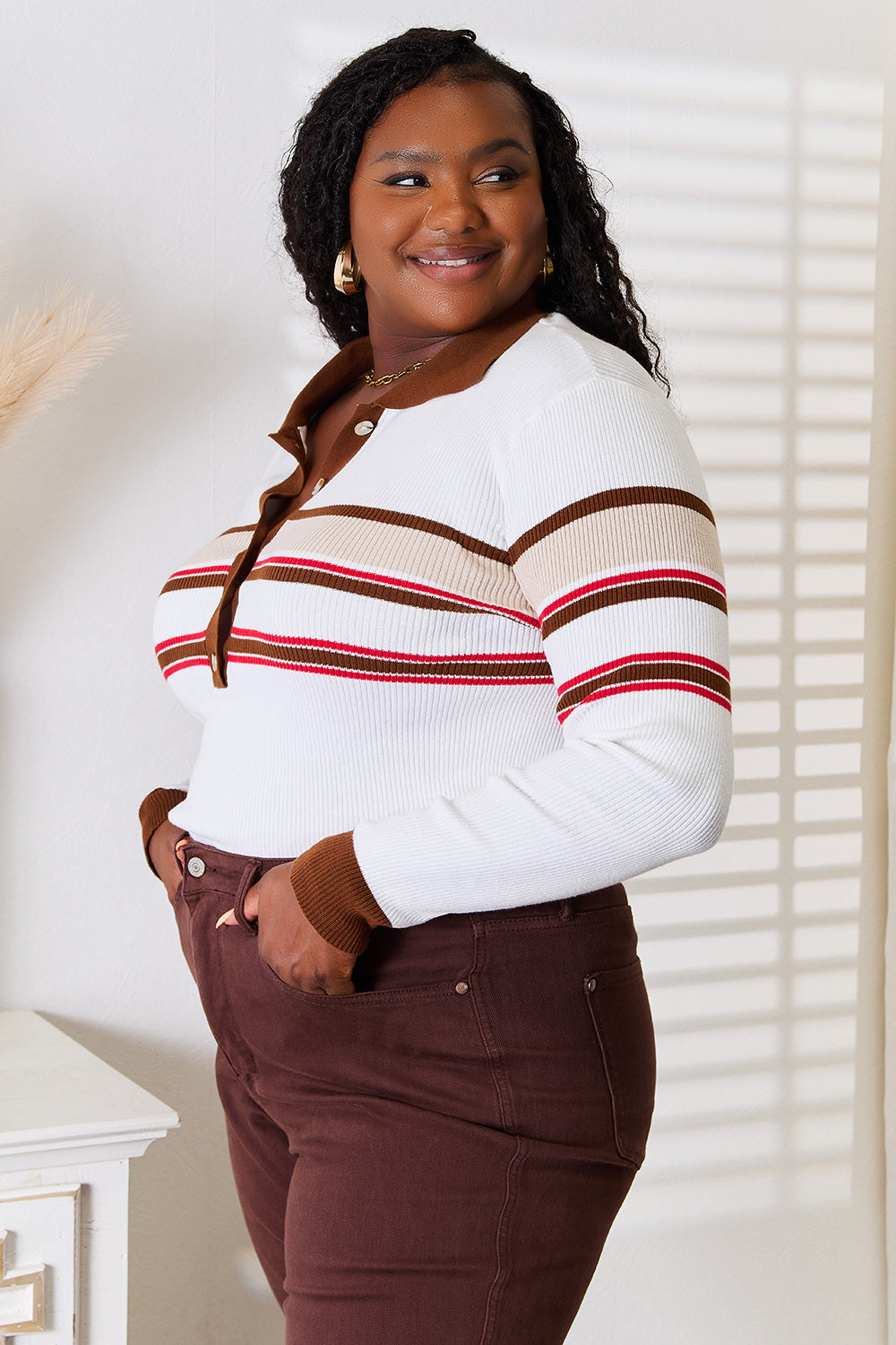 Shopbasicbae Basic Bae Striped Collared Neck Rib-knit Top view 7 - Fall Wardrobe Essential