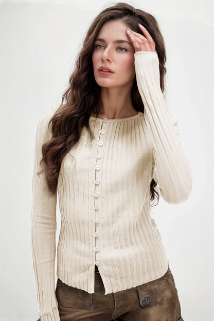 Shopbasicbae Basic Bae Texture Button up Round Neck Long Sleeve Top in Black view 3 - Long Top