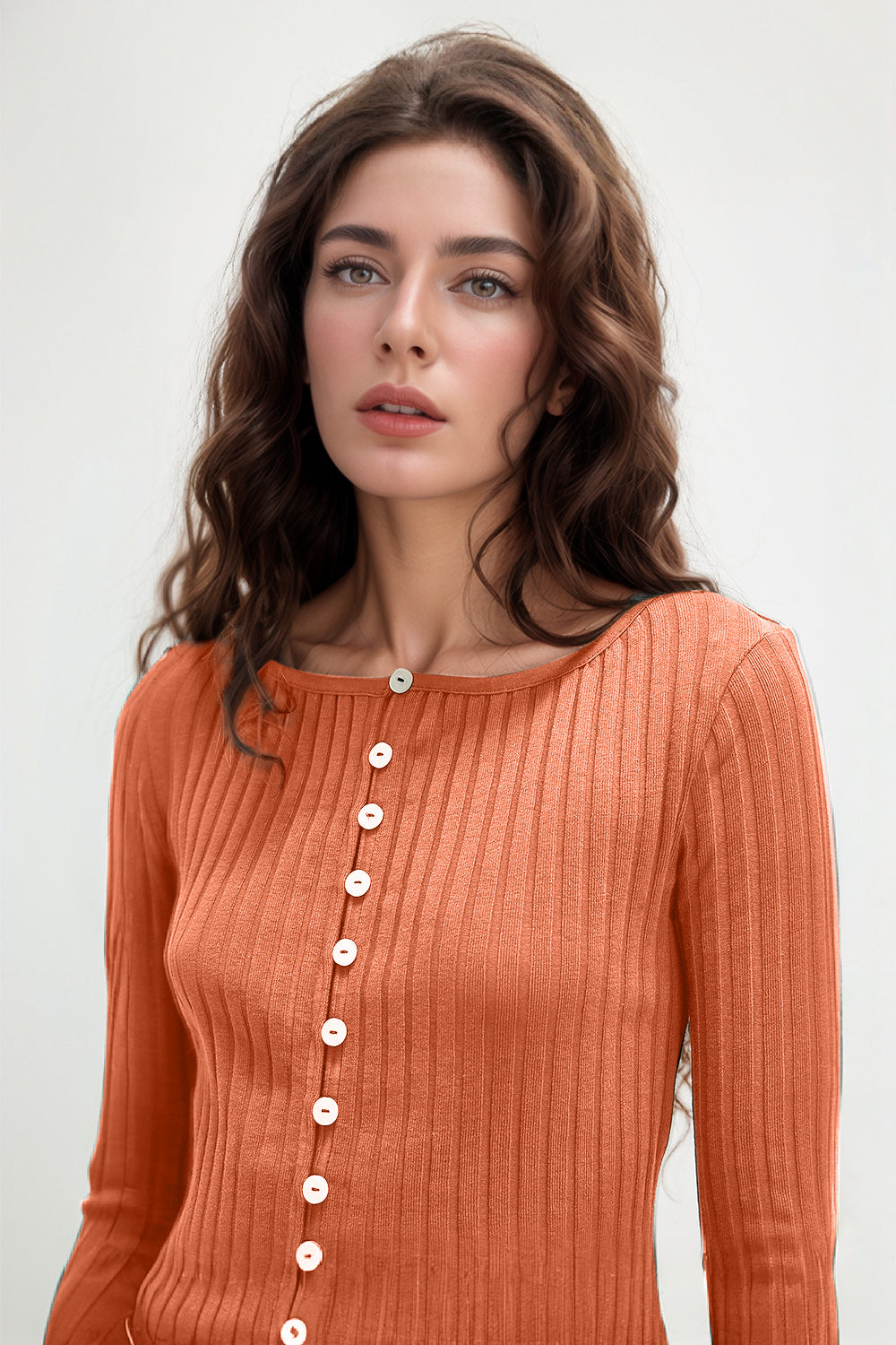 Shopbasicbae Basic Bae Texture Button up Round Neck Long Sleeve Top in Beige view 6 - Long Top