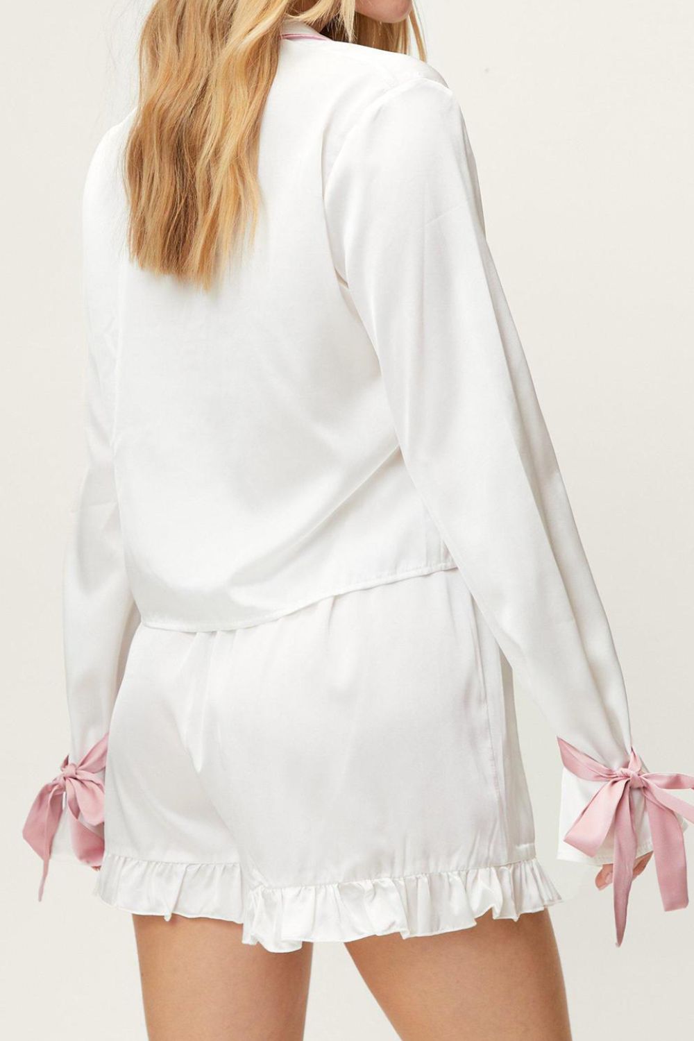 Shopbasicbae Basic Bae Tied Cuff Collared Neck Top and Frill Shorts Lounge Set in White view 3 - Set Top