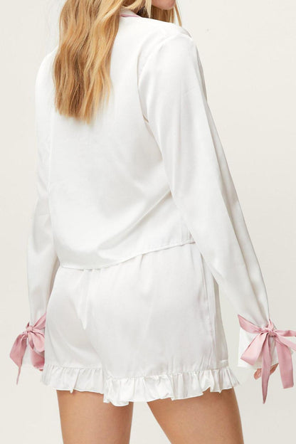 Shopbasicbae Basic Bae Tied Cuff Collared Neck Top and Frill Shorts Lounge Set in White view 3 - Set Top
