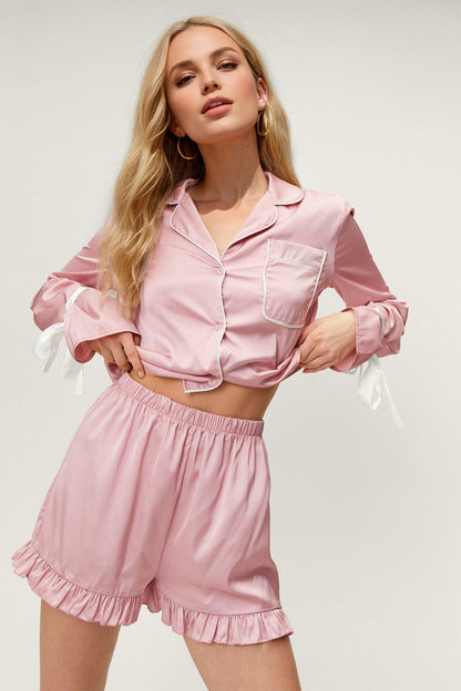 Shopbasicbae Basic Bae Tied Cuff Collared Neck Top and Frill Shorts Lounge Set in White view 4 - Set Top
