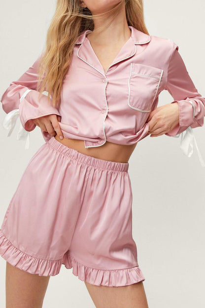 Shopbasicbae Basic Bae Tied Cuff Collared Neck Top and Frill Shorts Lounge Set in Blush Pink view 7 - Set Top