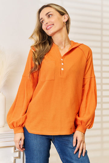 Side Slit Buttoned Waffle Knit Hoodie Top - MeeeShop Women's Fashion