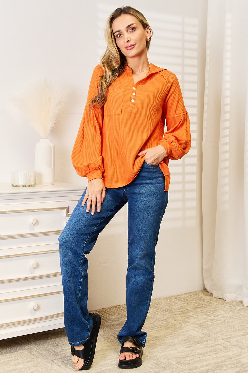 Side Slit Buttoned Waffle Knit Hoodie Top - MeeeShop Women's Fashion