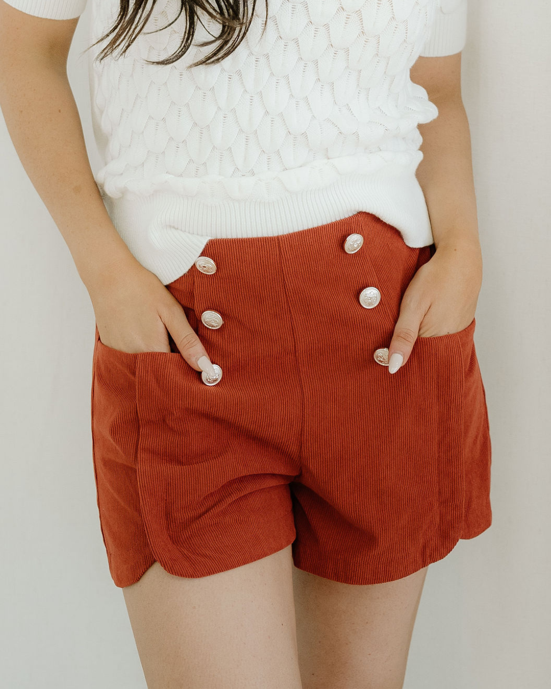 Sienna Button Decor Scalloped Edge High Waist Corduroy Shorts in Clay - High-Waisted - Red Button Sienna Shorts