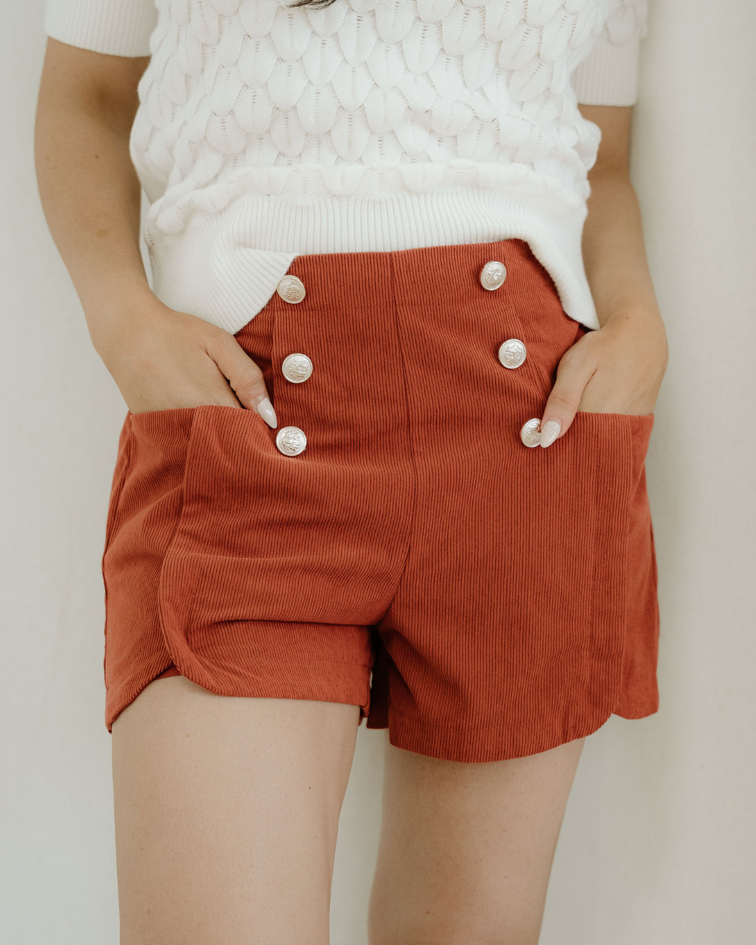 Sienna Button Decor Scalloped Edge High Waist Corduroy Shorts in Clay view 2 - High-Waisted - Red Button Sienna Shorts