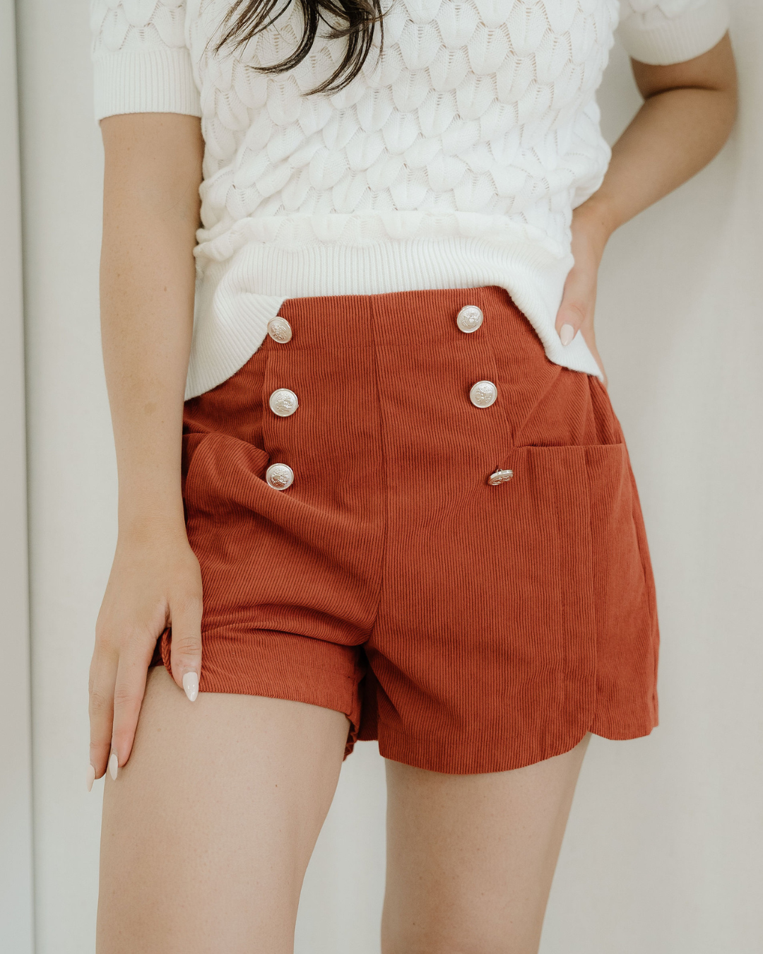 Sienna Button Decor Scalloped Edge High Waist Corduroy Shorts in Clay view 3 - High-Waisted - Red Button Sienna Shorts