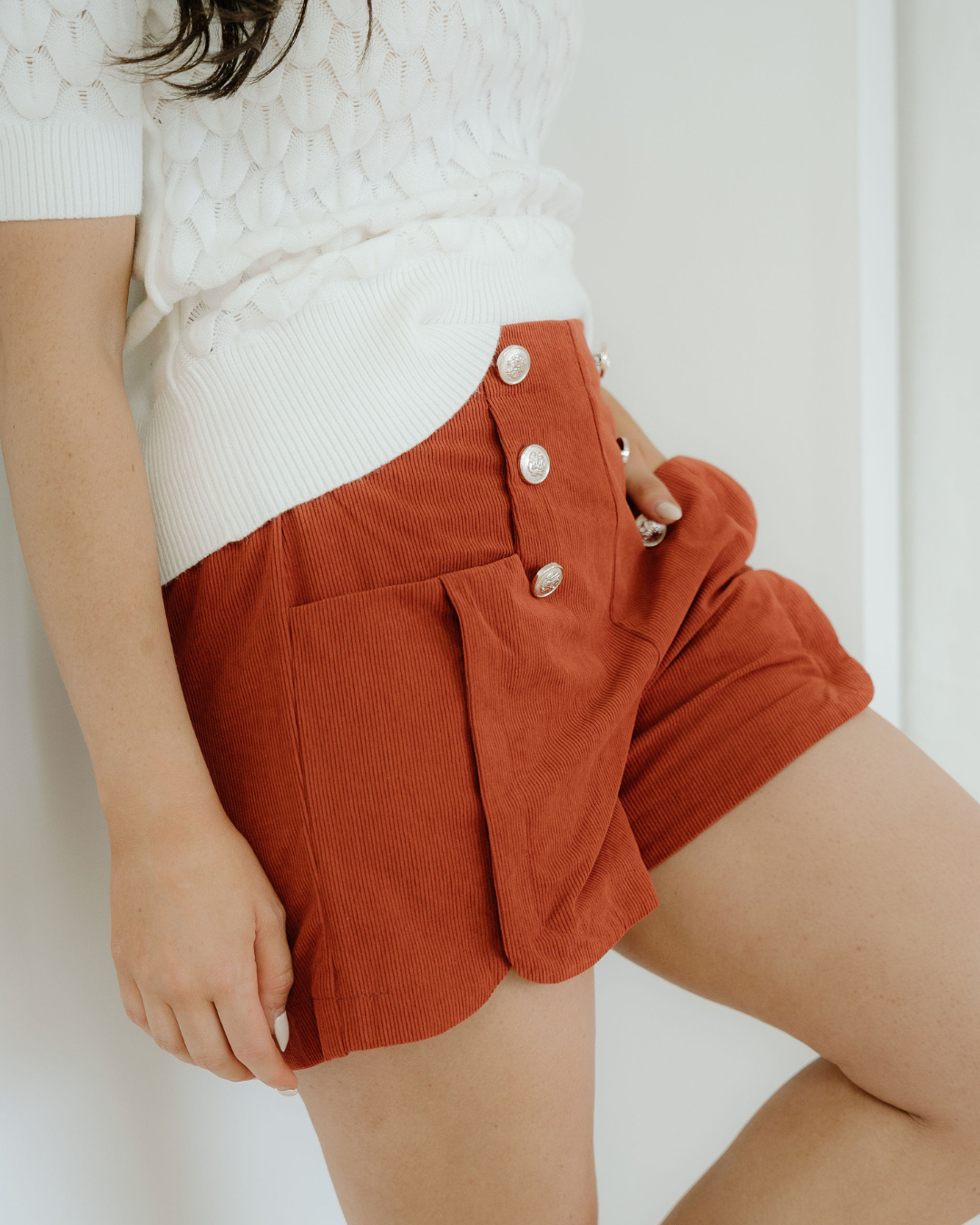 Sienna Button Decor Scalloped Edge High Waist Corduroy Shorts view 5 - High-Waisted - Red Button Sienna Shorts (bottom)