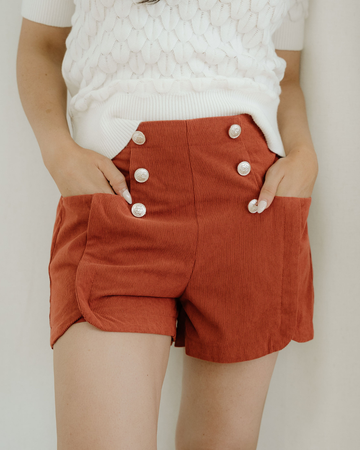 Sienna Button Decor Scalloped Edge High Waist Corduroy Shorts View 2 - MeeeShop Women's Fashion