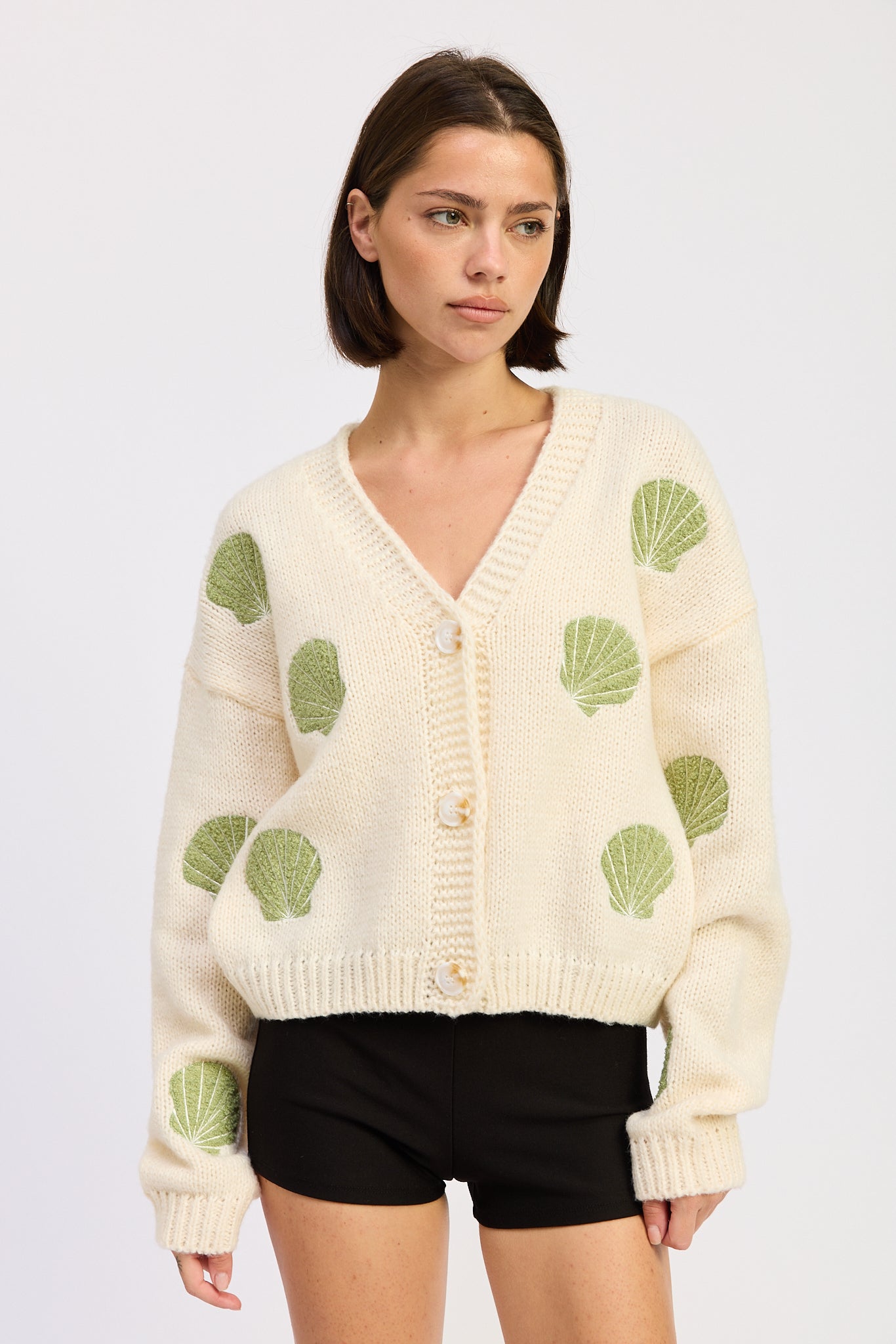 Sierra Cardigan in Ivory Olive view 4 - Sierra Cardigan Llama Wool (top)