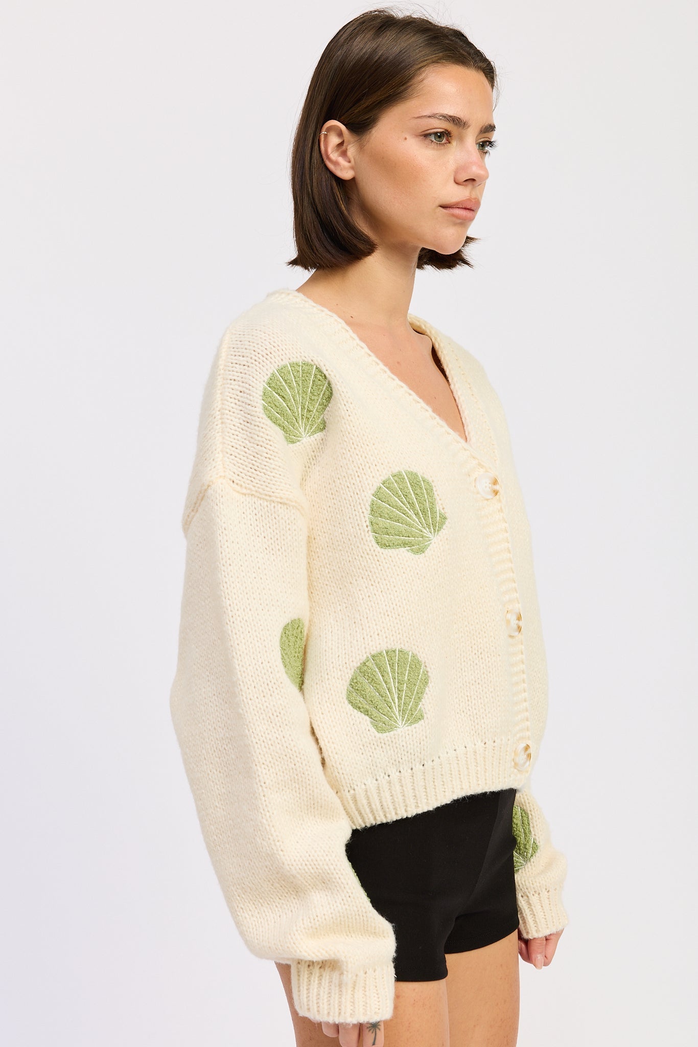 Sierra Cardigan in Ivory Olive view 5 - Sierra Cardigan Llama Wool (top)
